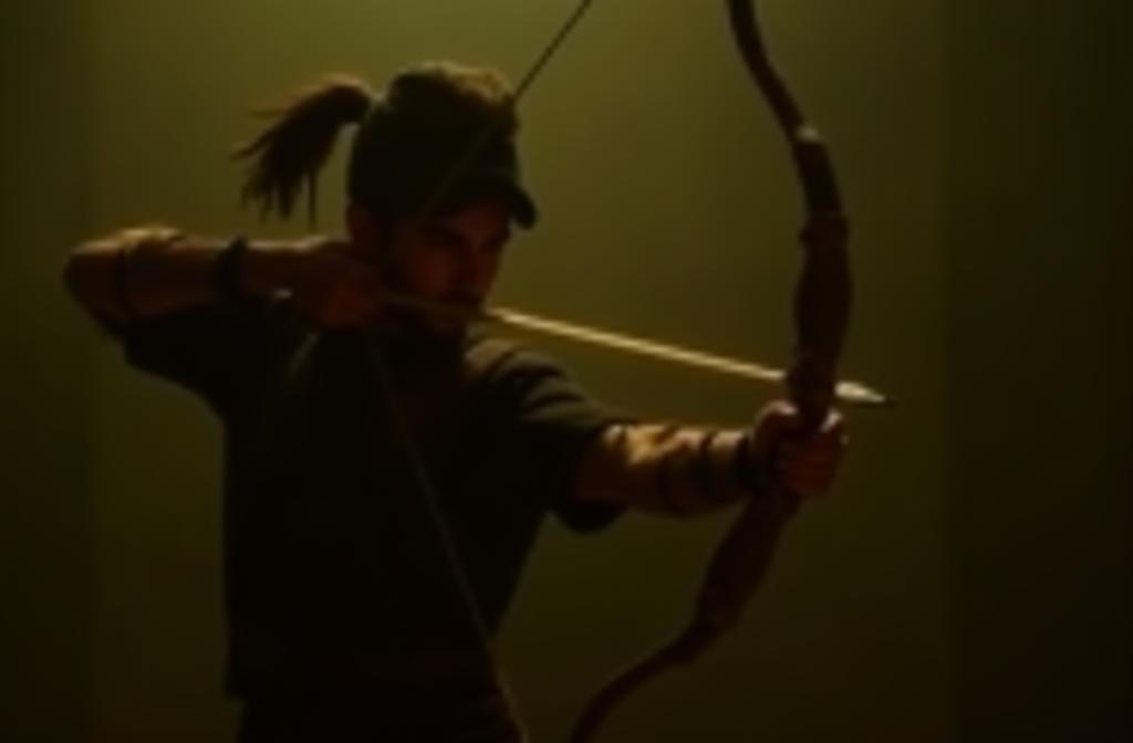 Archer drawing back a bowstring, ready to shoot an arrow, conveying focus and power.