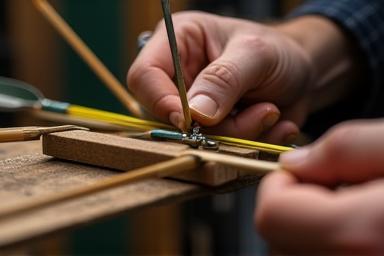 Hands fletching an arrow.