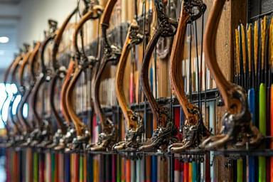 Display of various archery bows and arrows.