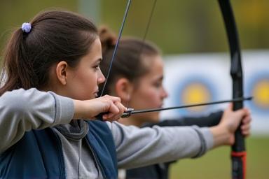 Instructor helping a student with archery form.